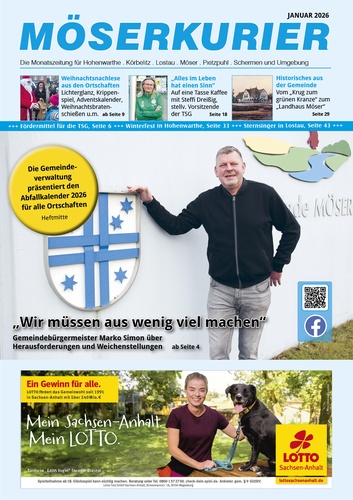 Titelbild des Möserkuriers Januar 2026 mit Marko Simon vor dem Verwaltungsamt