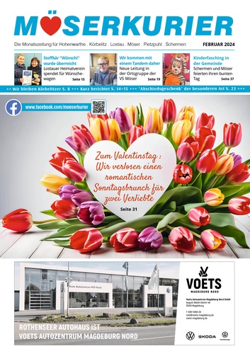 Titelbild der Februarausgabe des Gemeindeblattes Möserkurier mit großem Tulpenstrauß