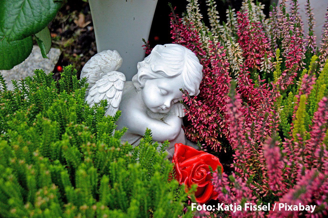 Statue eines Engels inmitten von Blumen.