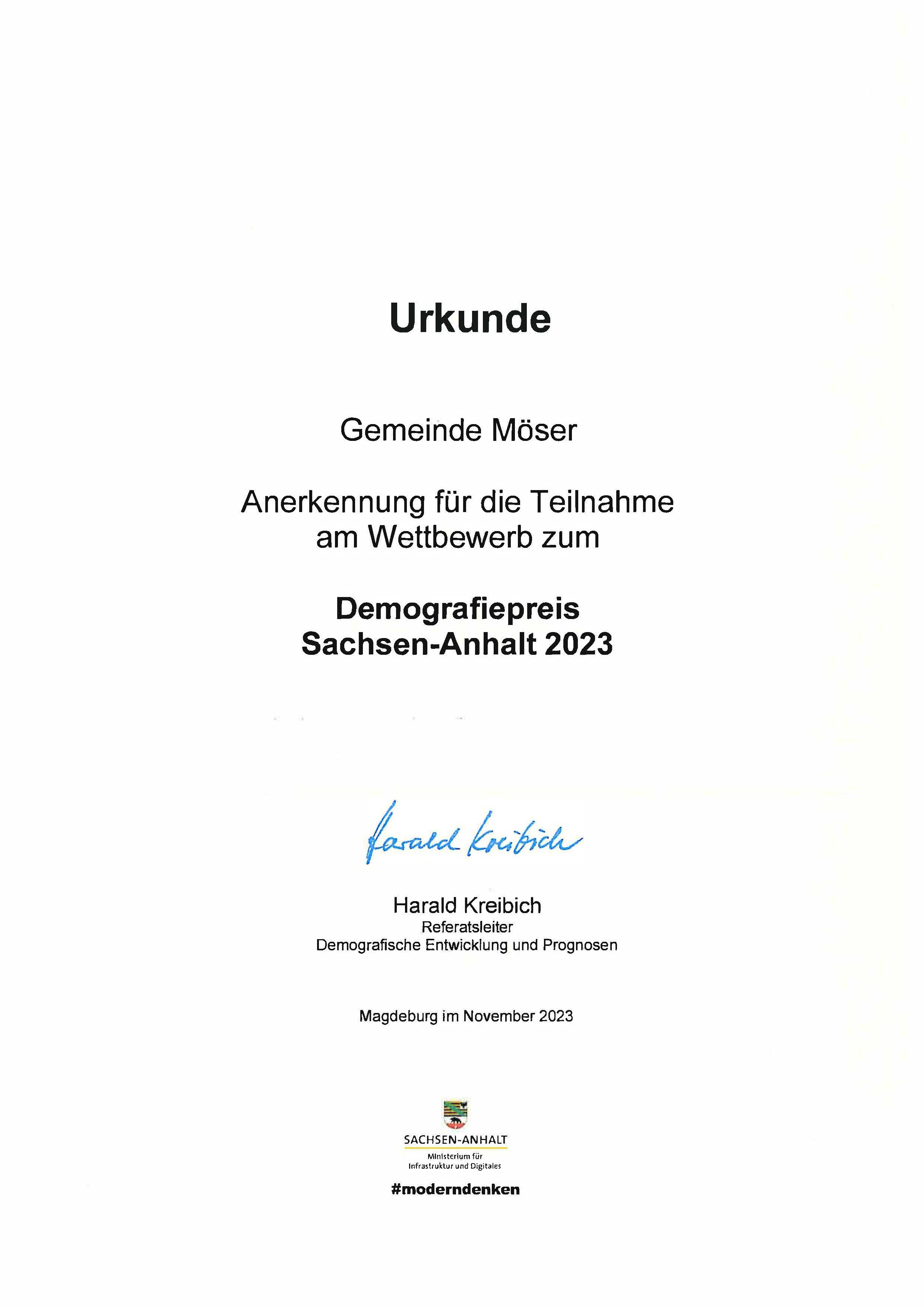 Urkunde für die Teilnahme am Wettbewerb zum Demografiepreis Sachsen-Anhalt 2023