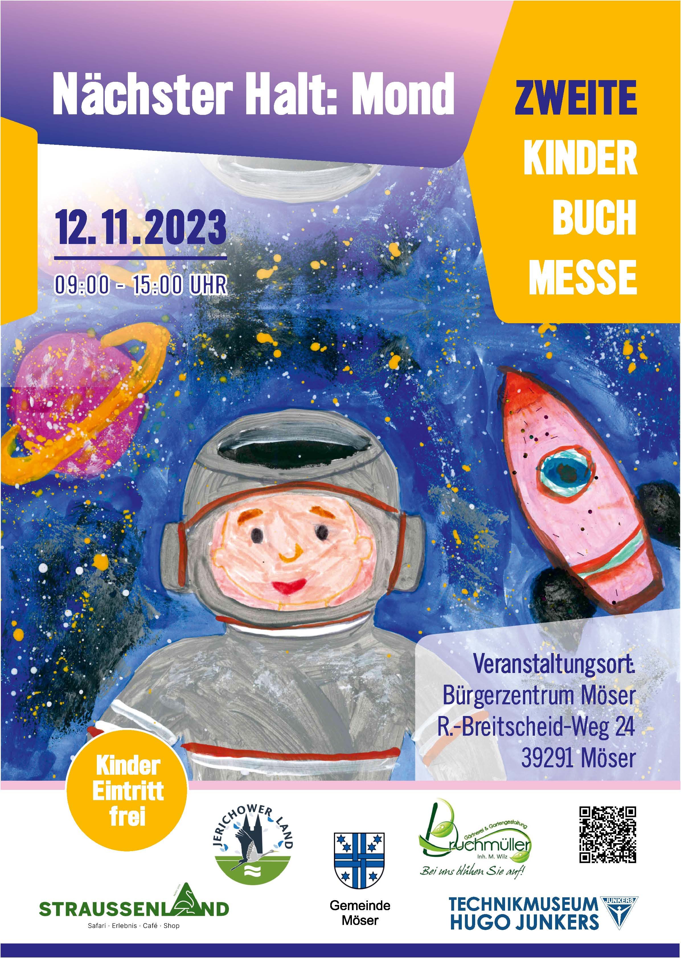 Plakat zur Kinderbuchmesse mit einem gemalten Astronauten im Weltraum. 